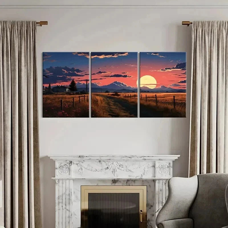 3pcs Sunset Village Country Road Landscape Wall Art Set Canvas Framed 40x60cm - High Quality Print 100% Australian Made Wall Canvas Ready to Hang