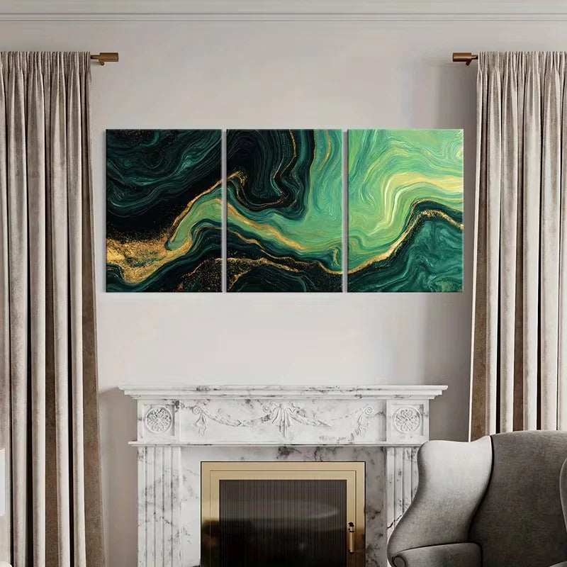 3pcs Teal & Golden Abstract Swirl Pattern Wall Art Set Canvas Framed 60x90cm - High Quality Print 100% Australian Made Wall Canvas Ready to Hang