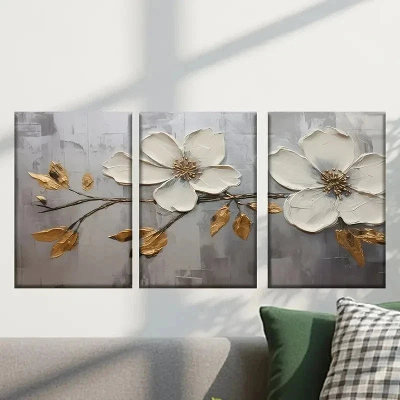 3pcs White Flower with Golden Leaves Wall Art Set Canvas Framed 40x60cm - High Quality Print 100% Australian Made Wall Canvas Ready to Hang