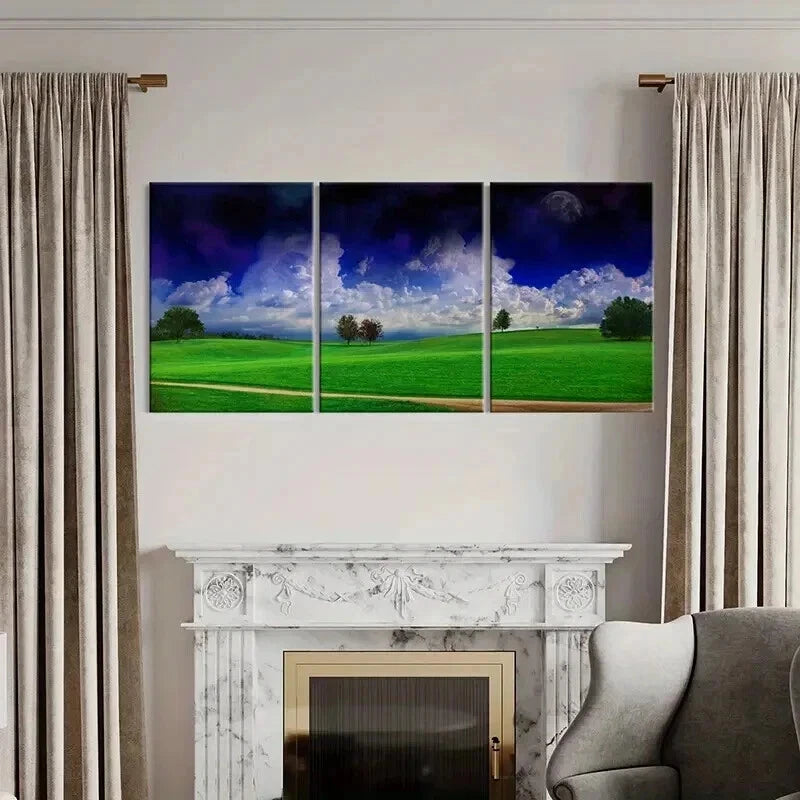 3pcs Lush Meadow Dramatic Cloudy Sky & Trees Wall Art Set Canvas Framed 40x60cm - High Quality Print 100% Australian Made Wall Canvas Ready to Hang