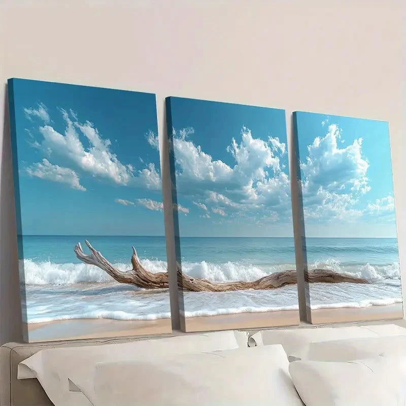 3pcs Bright Blue Sky and Ocean Waves Wall Art Set Canvas Framed 40x60cm - High Quality Print 100% Australian Made Wall Canvas Ready to Hang