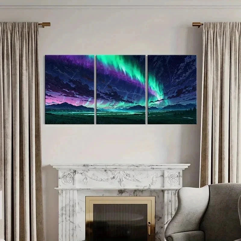 3pcs Anime Aurora Northern Lights Modern Wall Art Set Canvas Framed 40x60cm - High Quality Print 100% Australian Made Wall Canvas Ready to Hang