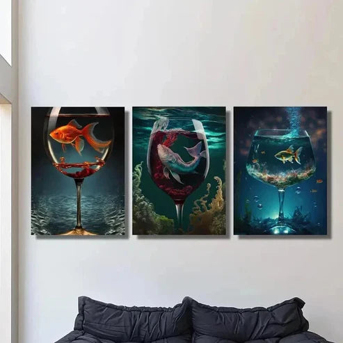 3pcs Aquarium in a Wine Glass Sea Life Wall Art Canvas Unframed – High Quality Print 100% Australian Made Wall Canvas