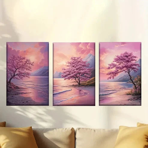 3pcs Sakura trees on the coast Wall Art Set Canvas Unframed - High Quality Print 100% Australian Made Wall Canvas