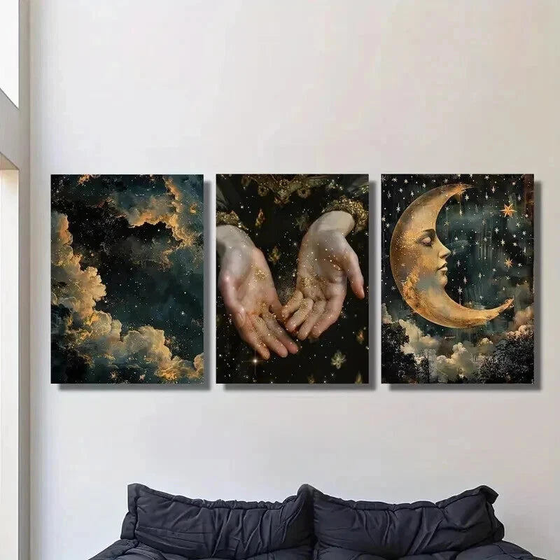 3pcs Abstract Magic Shine in Hand Stars Moon Wall Art Set Canvas Framed 40x60cm - High Quality Print 100% Australian Made Wall Canvas Ready to Hang