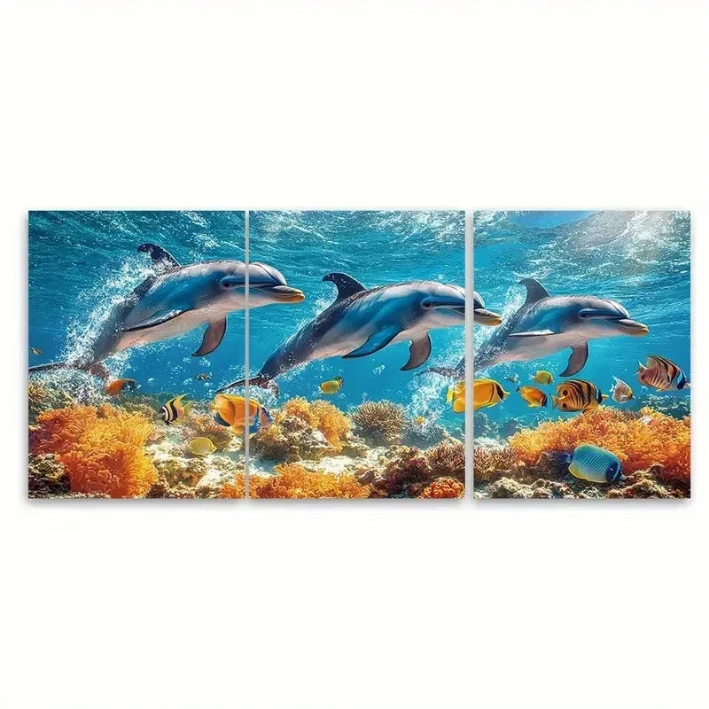 3pcs Dolphins Swimming with Tropical Fish B Wall Art Set Canvas Framed 50x70cm - High Quality Print 100% Australian Made Wall Canvas Ready to Hang