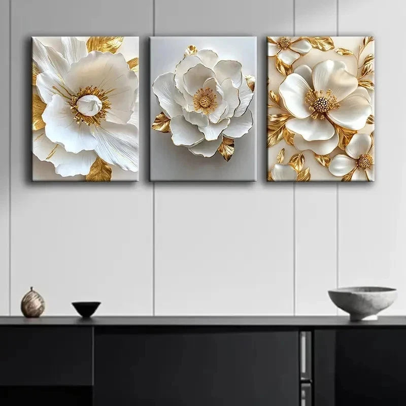 3pcs Golden And White Flower Design Wall Art Set Canvas Framed 40x60cm - High Quality Print 100% Australian Made Wall Canvas Ready to Hang