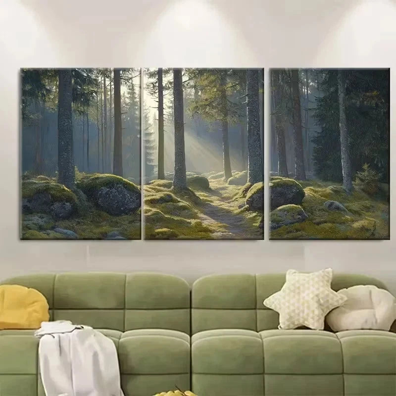 3pcs Black Forest in Morning Mist Wall Art Set Canvas Framed 50x70cm - High Quality Print 100% Australian Made Wall Canvas Ready to Hang