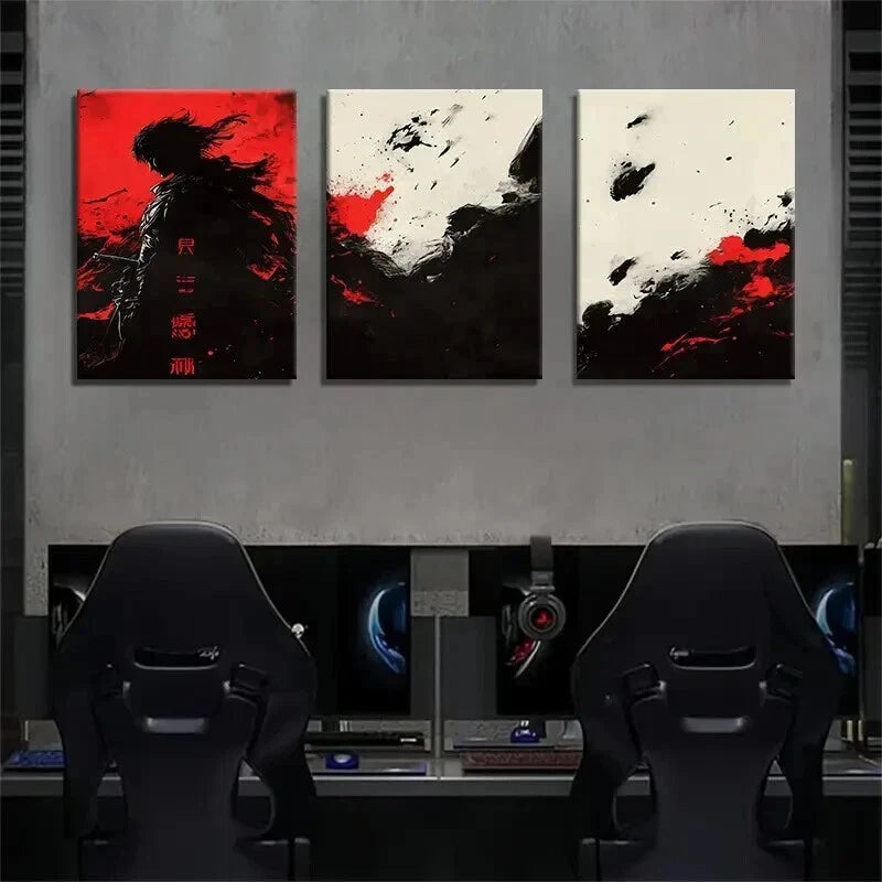 3pcs Samurai Warrior Japanese Dark Red Perfect Wall Art Set Canvas Framed 40x60cm - High Quality Print 100% Australian Made Wall Canvas Ready to Hang