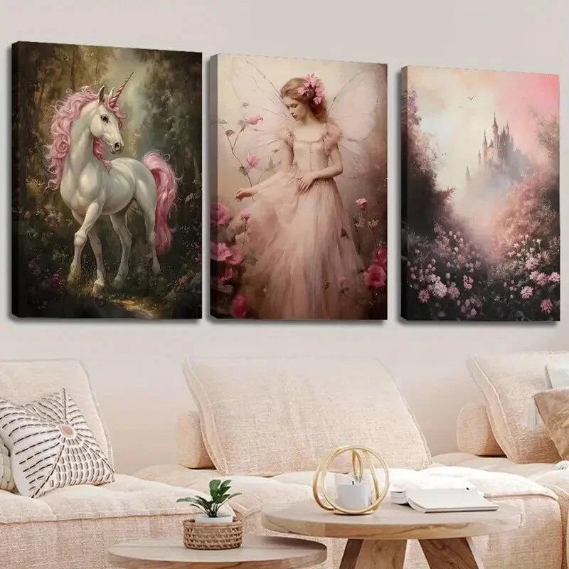 3pcs Enchanted Forest Unicorn & Fairy Perfect Wall Art Set Canvas Framed 40x60cm - High Quality Print 100% Australian Made Wall Canvas Ready to Hang