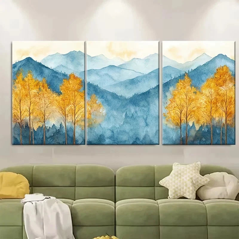 3pcs Golden Yellow Fall Trees & Misty Mountains Wall Art Set Canvas Framed 60x90cm – High Quality Print 100% Australian Made Wall Canvas Ready to Hang