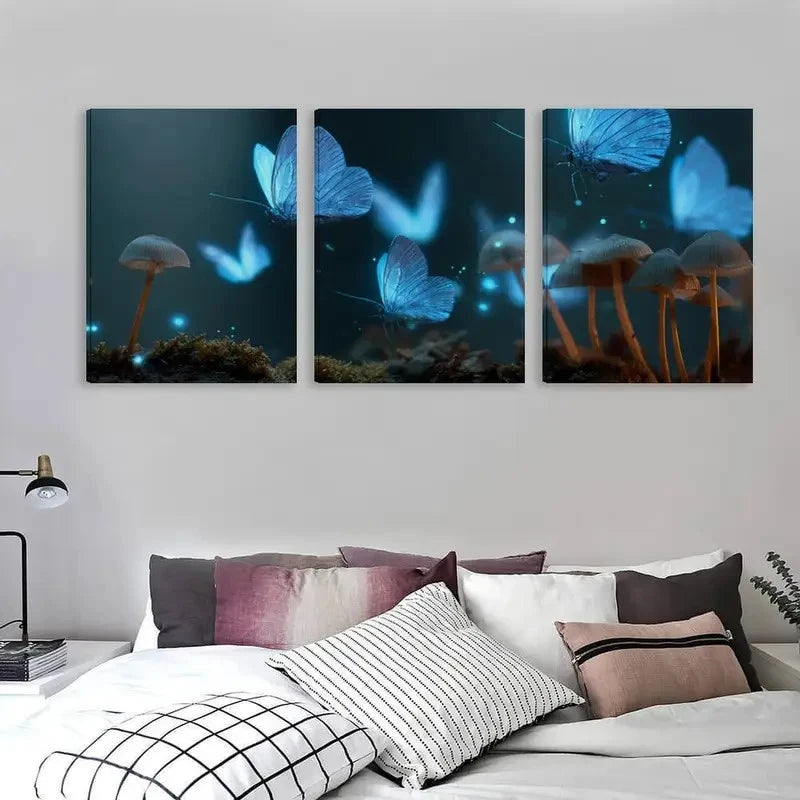 3pcs Blue Glowing Butterflies And Mushrooms Wall Art Set Canvas Framed 60x90cm - High Quality Print 100% Australian Made Wall Canvas Ready to Hang