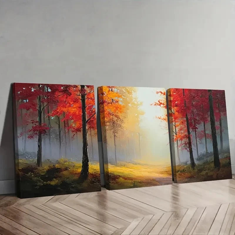 3pcs Painting Autumn Forest With Misty Wall Art Set Canvas Framed 50x70cm - High Quality Print 100% Australian Made Wall Canvas Ready to Hang