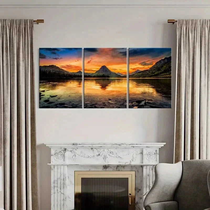 3pcs Lake Glacier National Park Sunset Wall Art Set Canvas Framed 40x60cm - High Quality Print 100% Australian Made Wall Canvas Ready to Hang