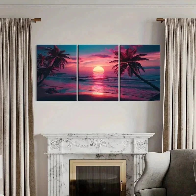 3pcs Sunset Seaside Beach Sea Vintage Wall Art Set Canvas Framed 40x60cm - High Quality Print 100% Australian Made Wall Canvas Ready to Hang