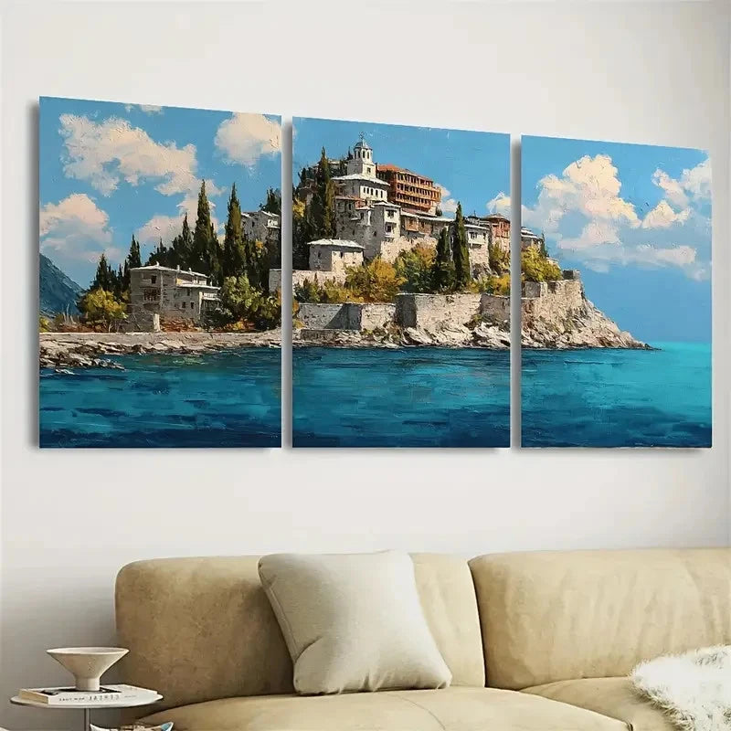 3pcs A Small Island With A Castle On Top Wall Art Set Canvas Framed 50x70cm - High Quality Print 100% Australian Made Wall Canvas Ready to Hang