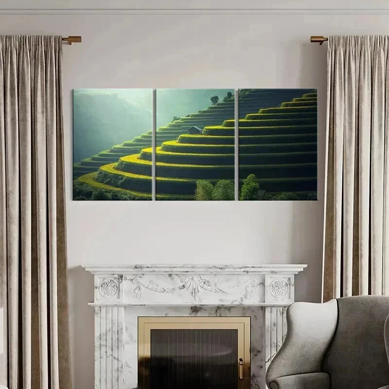 3pcs Green Geometric Terraced Fields Wall Art Set Canvas Framed 40x60cm - High Quality Print 100% Australian Made Wall Canvas Ready to Hang