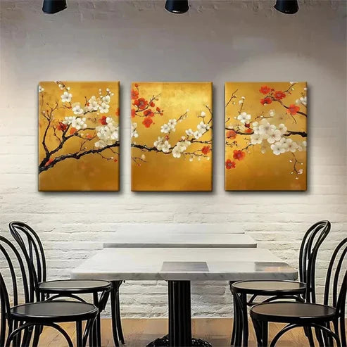 3pcs Golden Plum Blossom Branches Floral Perfect Wall Art Canvas Unframed - High Quality Print 100% Australian Made Wall Canvas