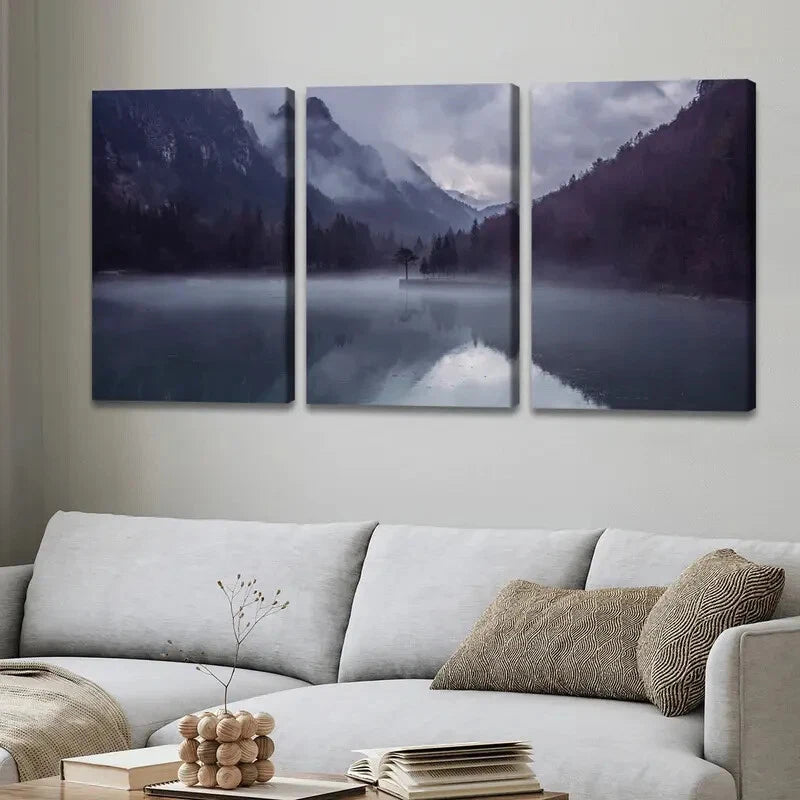 3pcs Mist Over Mountain Lake Décor Perfect Wall Art Set Canvas Framed 40x60cm - High Quality Print 100% Australian Made Wall Canvas Ready to Hang
