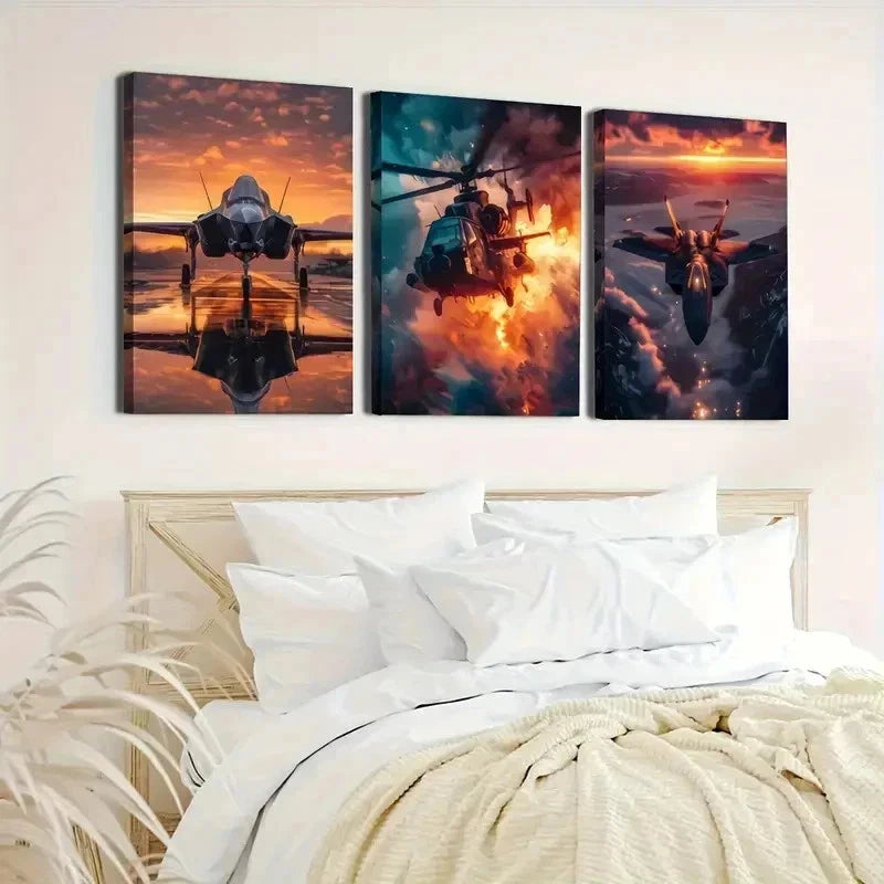 3pcs Murals Showing Military Aircraft Perfect Wall Art Set Canvas Framed 40x60cm - High Quality Print 100% Australian Made Wall Canvas Ready to Hang