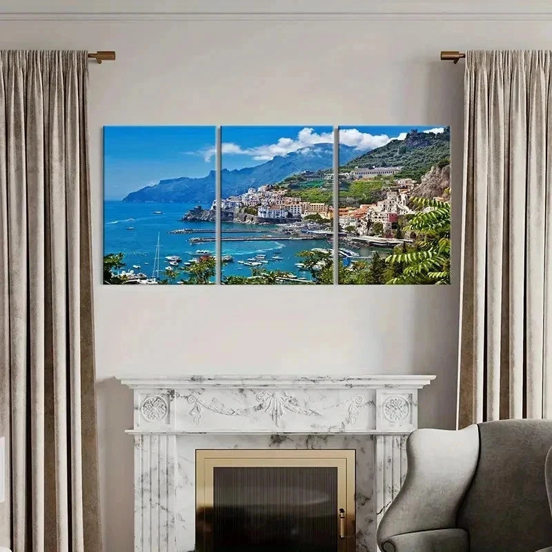 3pcs Seaside City Coastline Sea Scenery Wall Art Set Canvas Framed 40x60cm - High Quality Print 100% Australian Made Wall Canvas Ready to Hang
