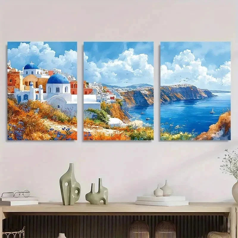 3pcs Blue Roofs Of Santorini Watercolor Perfect Wall Art Set Canvas Framed 40x60cm - High Quality Print 100% Australian Made Wall Canvas Ready to Hang