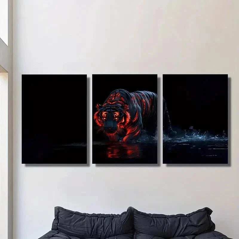 3pcs Stunning Fiery Tiger on Water Painting Wall Art Set Canvas Framed 40x60cm - High Quality Print 100% Australian Made Wall Canvas Ready to Hang