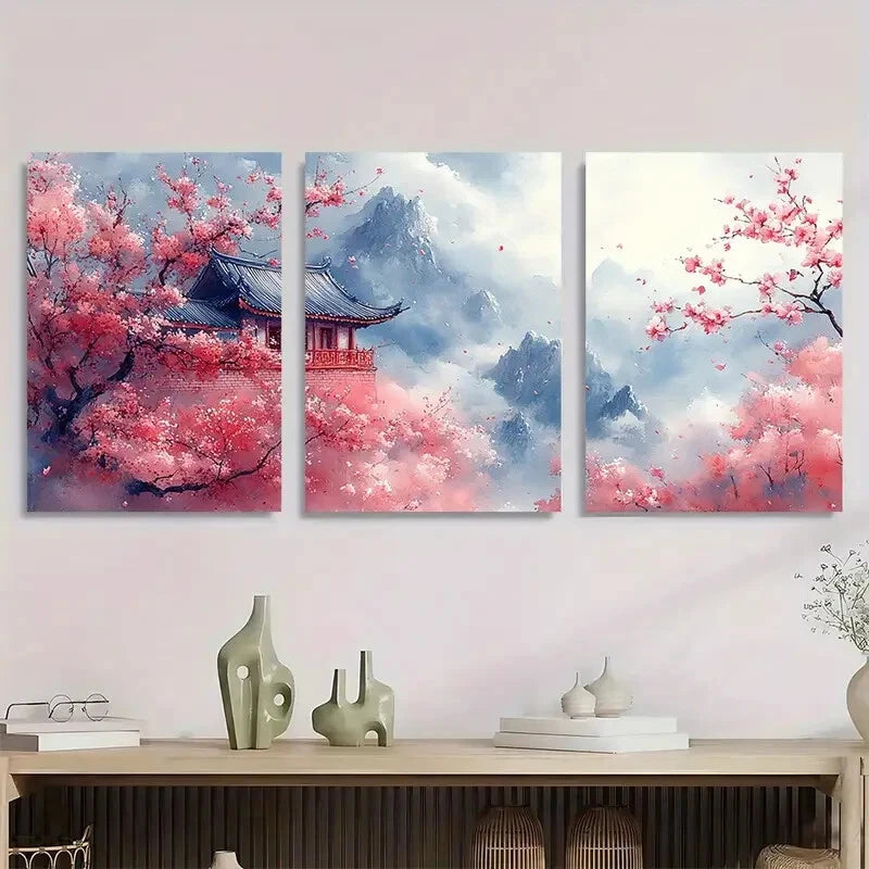 3pcs Pink Blooming Sakura Trees East Perfect Wall Art Set Canvas Framed 40x60cm - High Quality Print 100% Australian Made Wall Canvas Ready to Hang