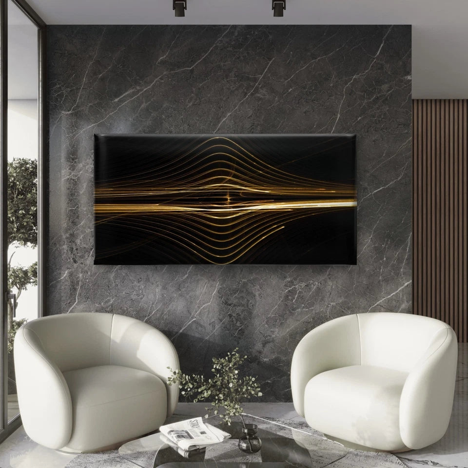 Golden Lines Waves Abstract Wall Art Canvas Office Home Room Framed 120x60cm
