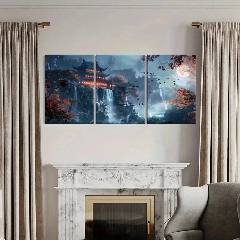 3pcs Waterfall & Traditional Architecture Wall Art Set Canvas Framed 40x60cm - High Quality Print 100% Australian Made Wall Canvas Ready to Hang