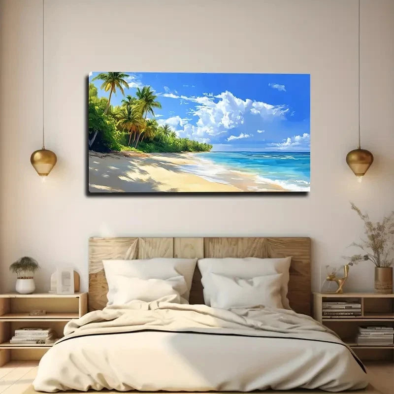 Beach Scene with Palm Trees Wall Art canvas office home room framed 120x60cm