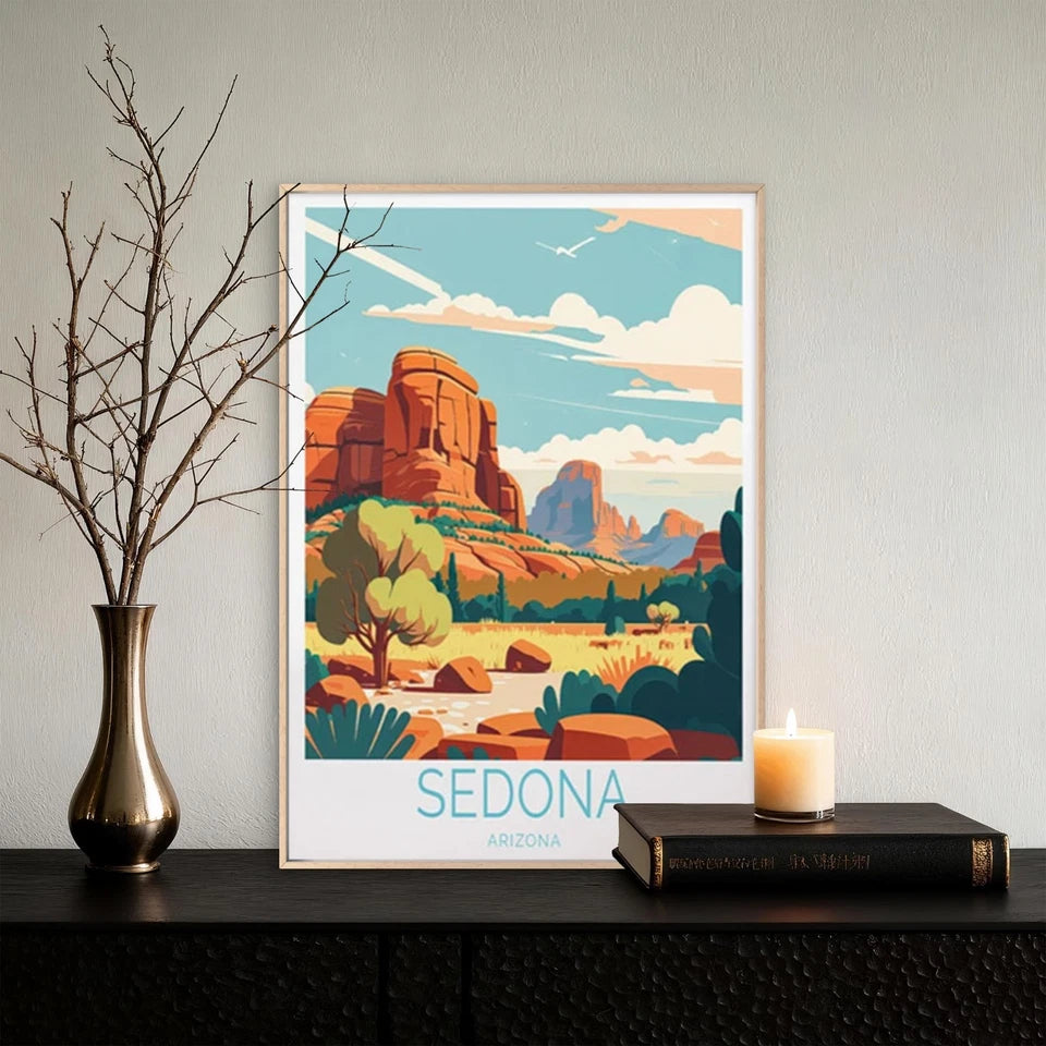 Sedona Arizona, Rock Mountains & Trees Travel Poster Print Wall Art