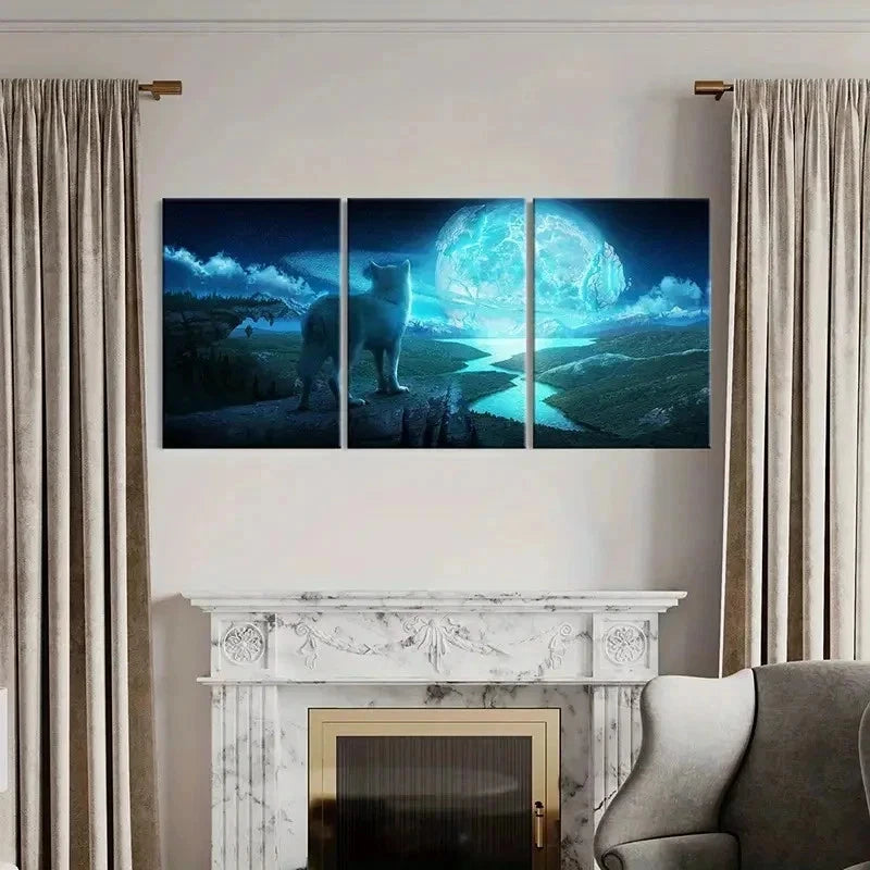 3pcs Plains Under Full Moon and Wolf Wall Art Set Canvas Framed 40x60cm - High Quality Print 100% Australian Made Wall Canvas Ready to Hang