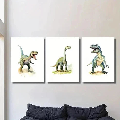3pcs Tyrannosaurus Rex Velociraptor Illustration Wall Art Set Canvas Unframed - High Quality Print 100% Australian Made Wall Canvas