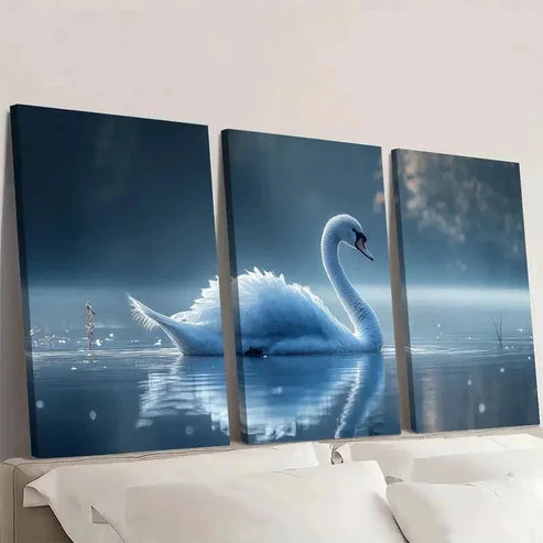 3pcs Mystical Blue Feathered Swans E Wall Art Set Canvas Unframed - High Quality Print 100% Australian Made Wall Canvas - Bella Home Decor