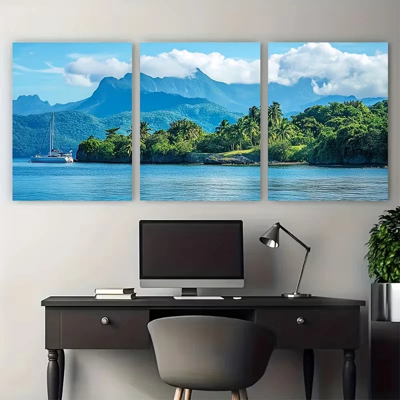 3pcs Blue Mountains Caribbean Travel Wall Art Set Canvas Framed 60x90cm - High Quality Print 100% Australian Made Wall Canvas Ready to Hang