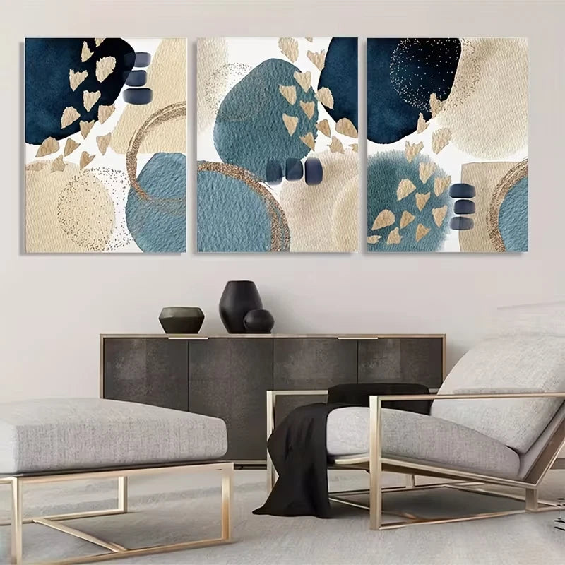 3pcs Blue and Golden Abstract Art Wall Art Set Canvas Framed 40x60cm - High Quality Print 100% Australian Made Wall Canvas Ready to Hang