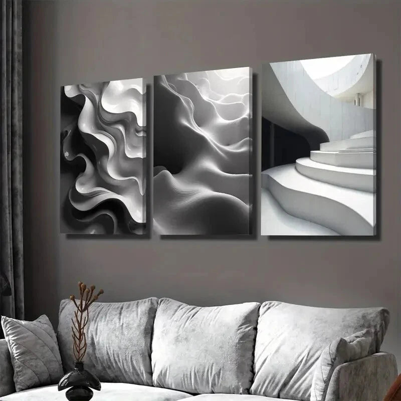 3pcs Modern Abstract Panel Black and White Wall Art Set Canvas Framed 40x60cm - High Quality Print 100% Australian Made Wall Canvas Ready to Hang