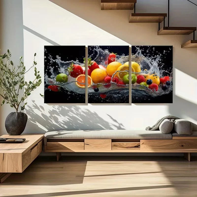 3pcs Vibrant Fruits, Water Splash Modern Paint Wall Art Set Canvas Framed 40x60cm - High Quality Print 100% Australian Made Wall Canvas Ready to Hang