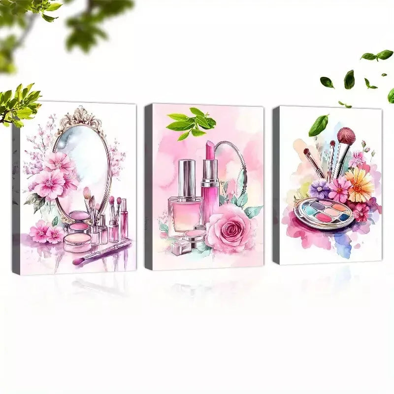 3pcs Vintage Fabric Floral Beauty Makeup Wall Art Set Canvas Framed 50x70cm - High Quality Print 100% Australian Made Wall Canvas Ready to Hang - Bella Home Decor