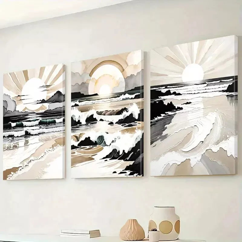3pcs Classic Retro Minimalist Seascape Anime Wall Art Set Canvas Framed 50x70cm - High Quality Print 100% Australian Made Wall Canvas Ready to Hang