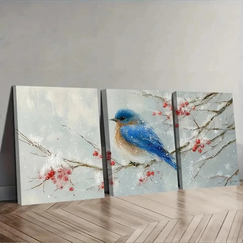 3pcs Blue Bird & Snowy Branch Wall Art Set Canvas Framed 40x60cm - High Quality Print 100% Australian Made Wall Canvas Ready to Hang
