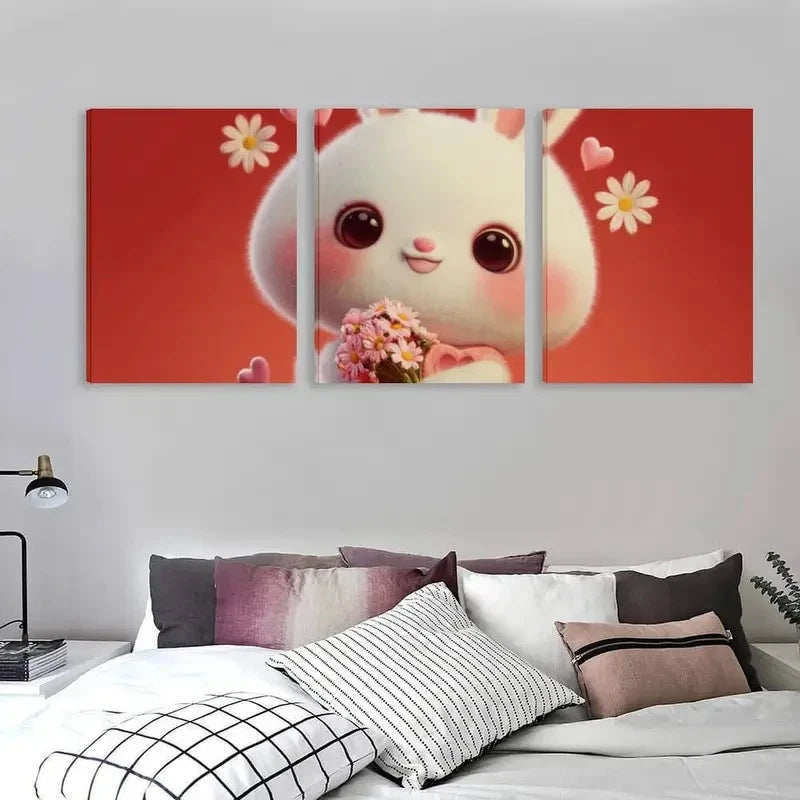3pcs Cute Cartoon Bunny Holding Flowers Wall Art Set Canvas Framed 60x90cm - High Quality Print 100% Australian Made Wall Canvas Ready to Hang