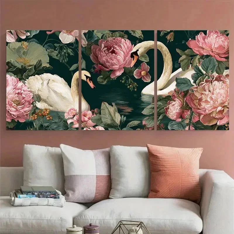 3pcs Swans Coquette Vintage Floral Perfect Wall Art Set Canvas Framed 40x60cm - High Quality Print 100% Australian Made Wall Canvas Ready to Hang