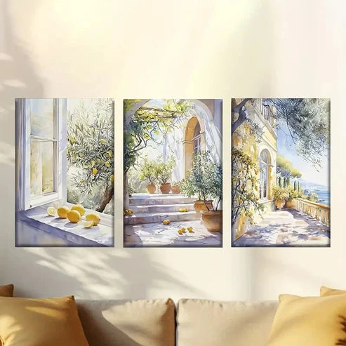 3pcs French Villa Courtyard with Lemon Wall Art Set Canvas Unframed - High Quality Print 100% Australian Made Wall Canvas