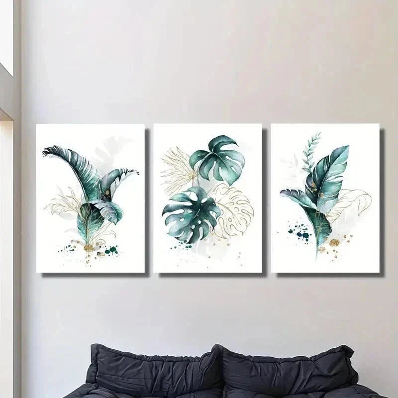 3pcs Golden Lines and Cyan Tropical Plants Wall Art Set Canvas Framed 40x60cm - High Quality Print 100% Australian Made Wall Canvas Ready to Hang