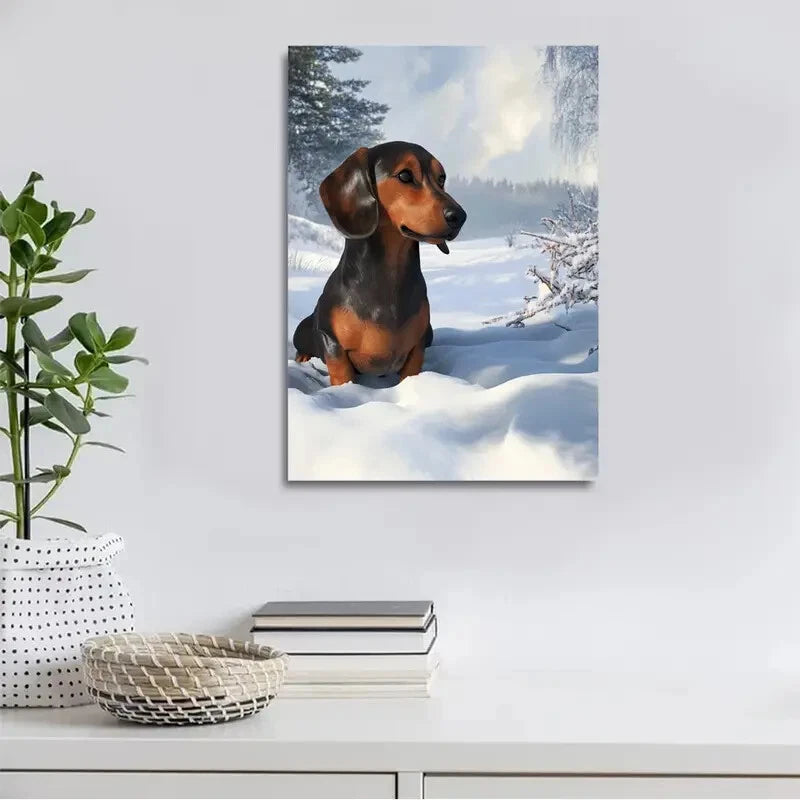 Beautiful Dachshund On The Snow Painting 40x60cm Metal Print Ready to Hang