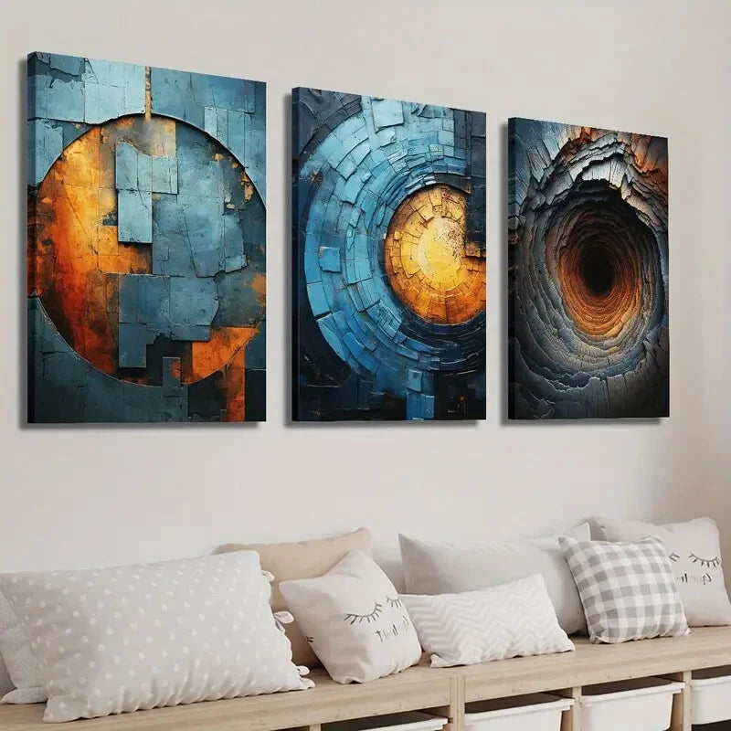 3pcs Abstract Blue Orange Brick Texture Perfect Wall Art Set Canvas Framed 40x60cm - High Quality Print 100% Australian Made Wall Canvas Ready to Hang