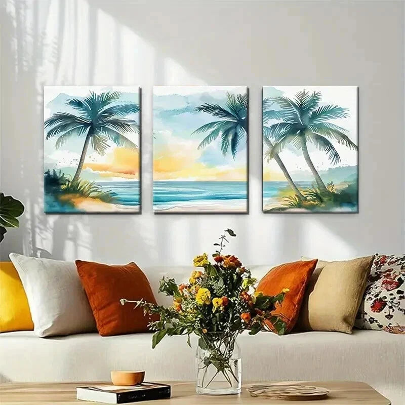 3pcs Tropical Palm Trees Theme Beach Decor Wall Art Set Canvas Framed 40x60cm - High Quality Print 100% Australian Made Wall Canvas Ready to Hang