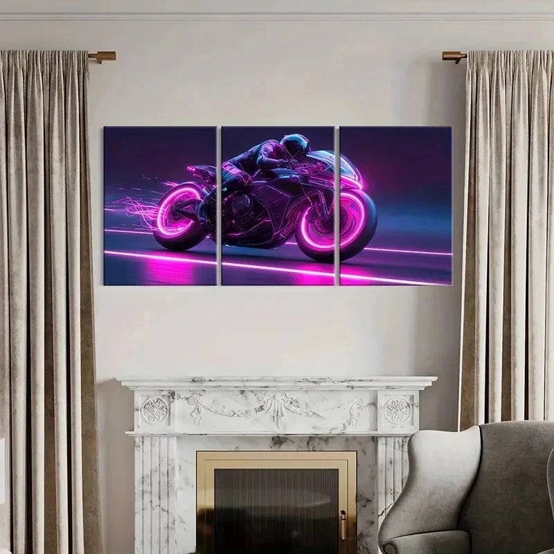 3pcs Cyberpunk Motorcycle Neon Pink & Purple Wall Art Set Canvas Framed 40x60cm - High Quality Print 100% Australian Made Wall Canvas Ready to Hang